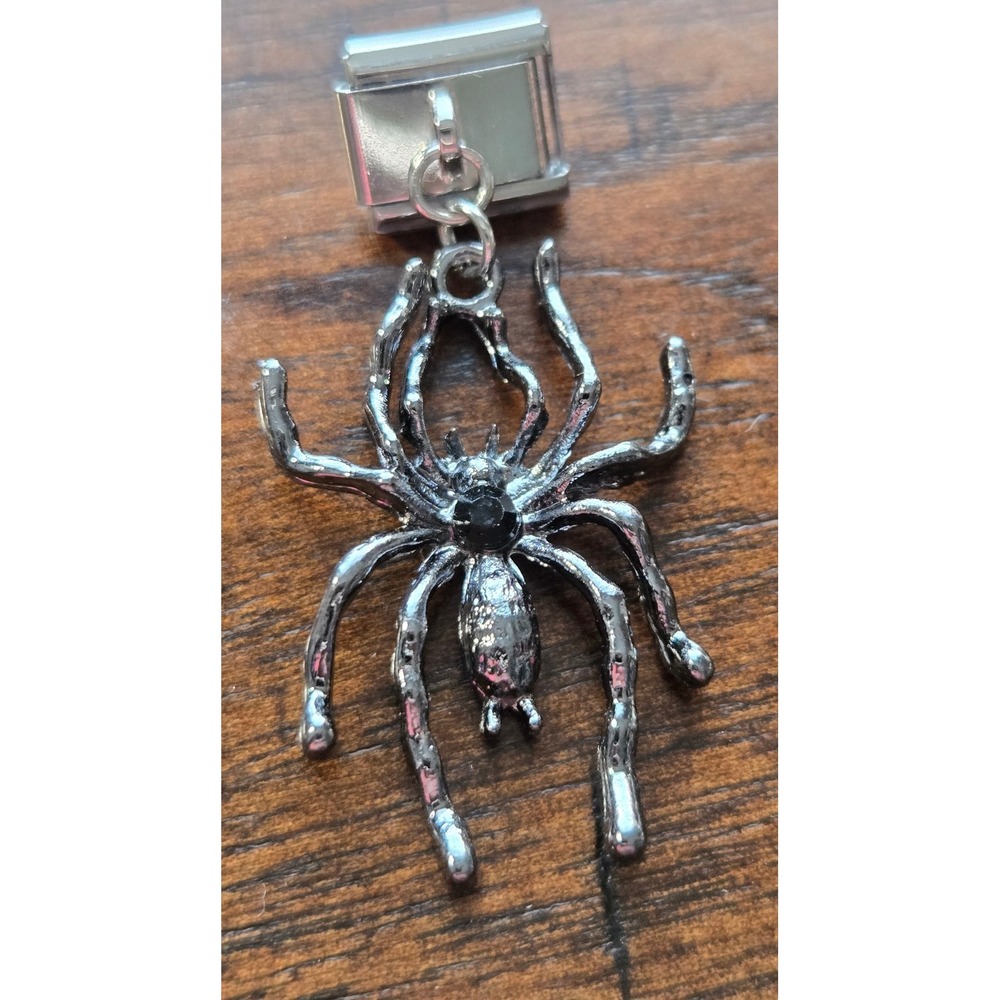 Silver Spider Dangle Italian Charm 9mm Stainless Steel Link Black Rhinestone